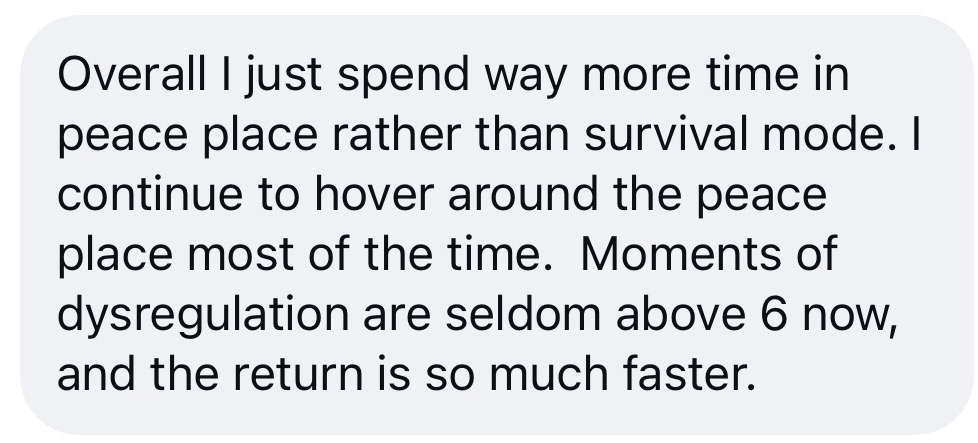 A Freedom student describes spending more time in peace rather than survival mode, with moments of dysregulation seldom above 6 and a faster return